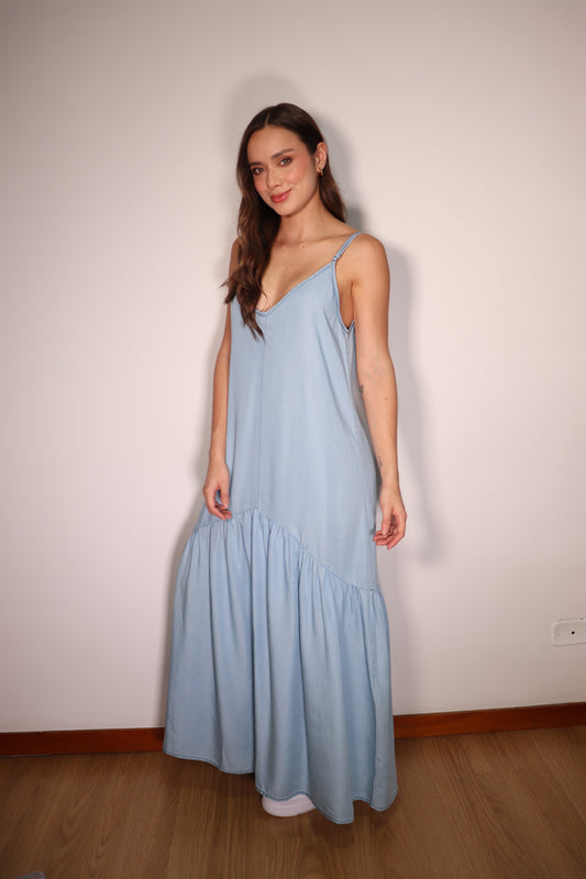 Vestido Rita azul largo ajustable en hombros y espalda en "V"
