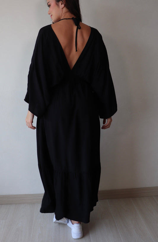 Vestido Camila Negro Mangas tipo kimono y bolsillos frontales