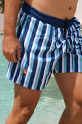Pantaloneta Sol Azul Teddy a rayas con cintura elástica, malla interna, bolsillos laterales y traseros
